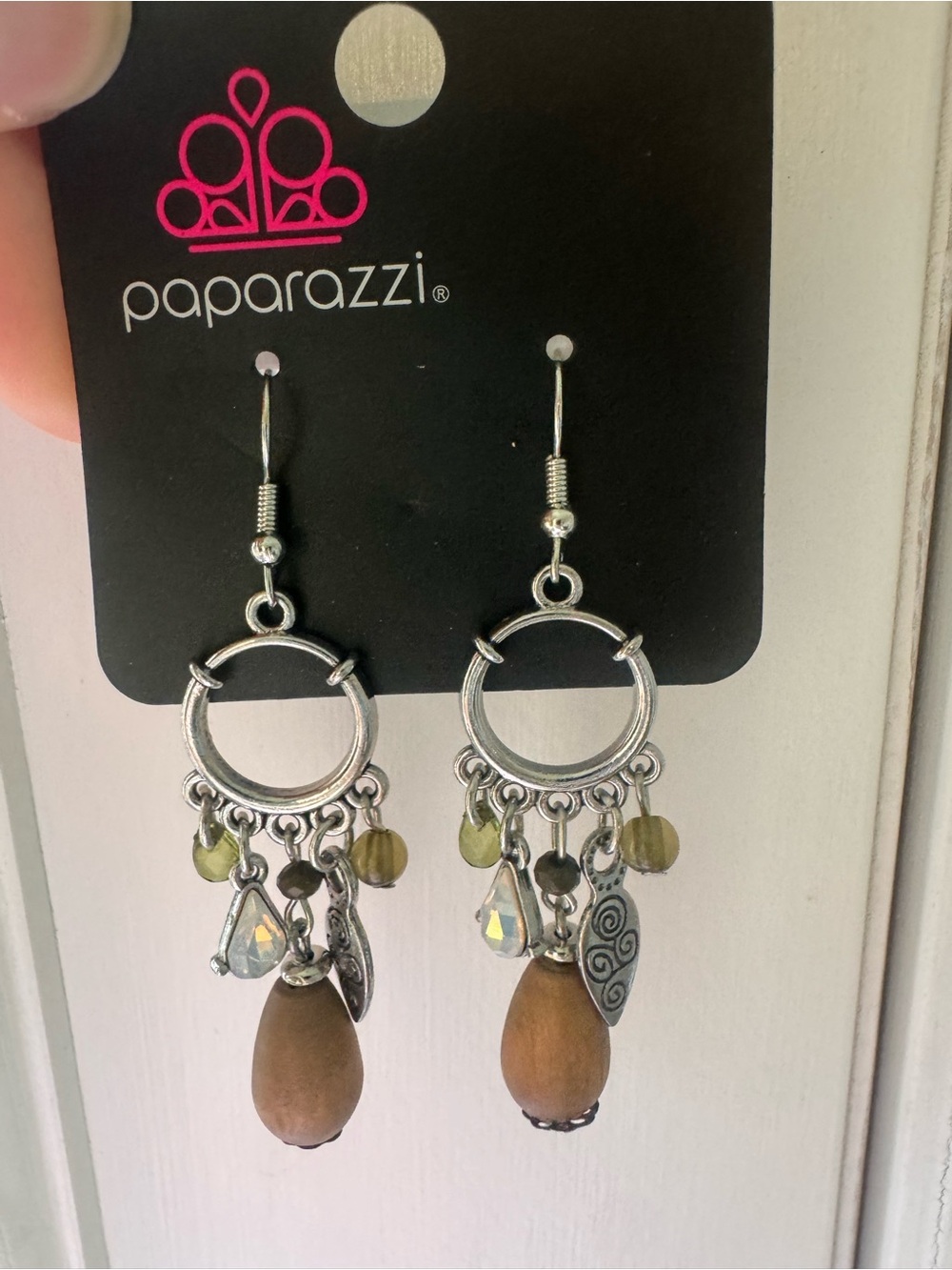 Paparazzi Silver Hoop Earrings with Olive Beads and Wood Drops